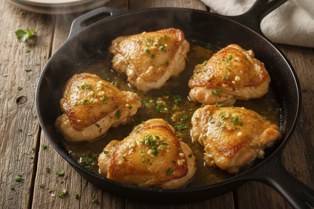 Seared chicken thighs in a skillet with garlic butter pan sauce and chopped parsley