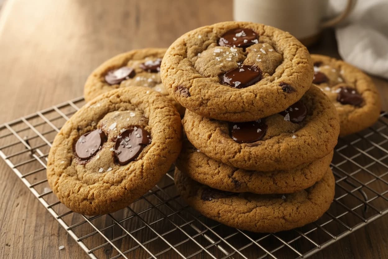 Stack of chocolate chip cookies with melted chocolate and flaky sea salt on top