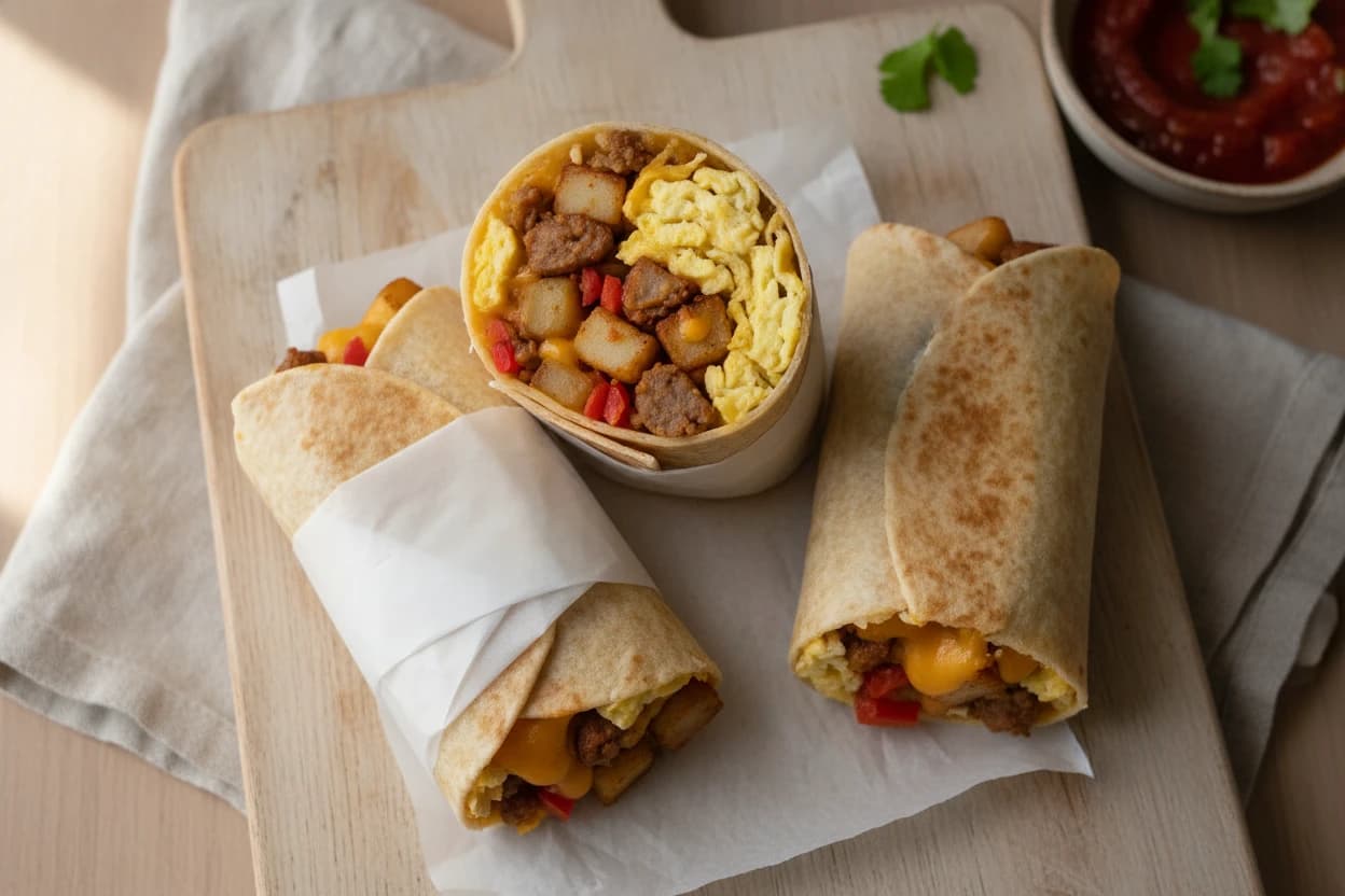 Freezer breakfast burritos on a wooden board, one cut in half showing scrambled eggs, sausage, potato, and melted cheddar
