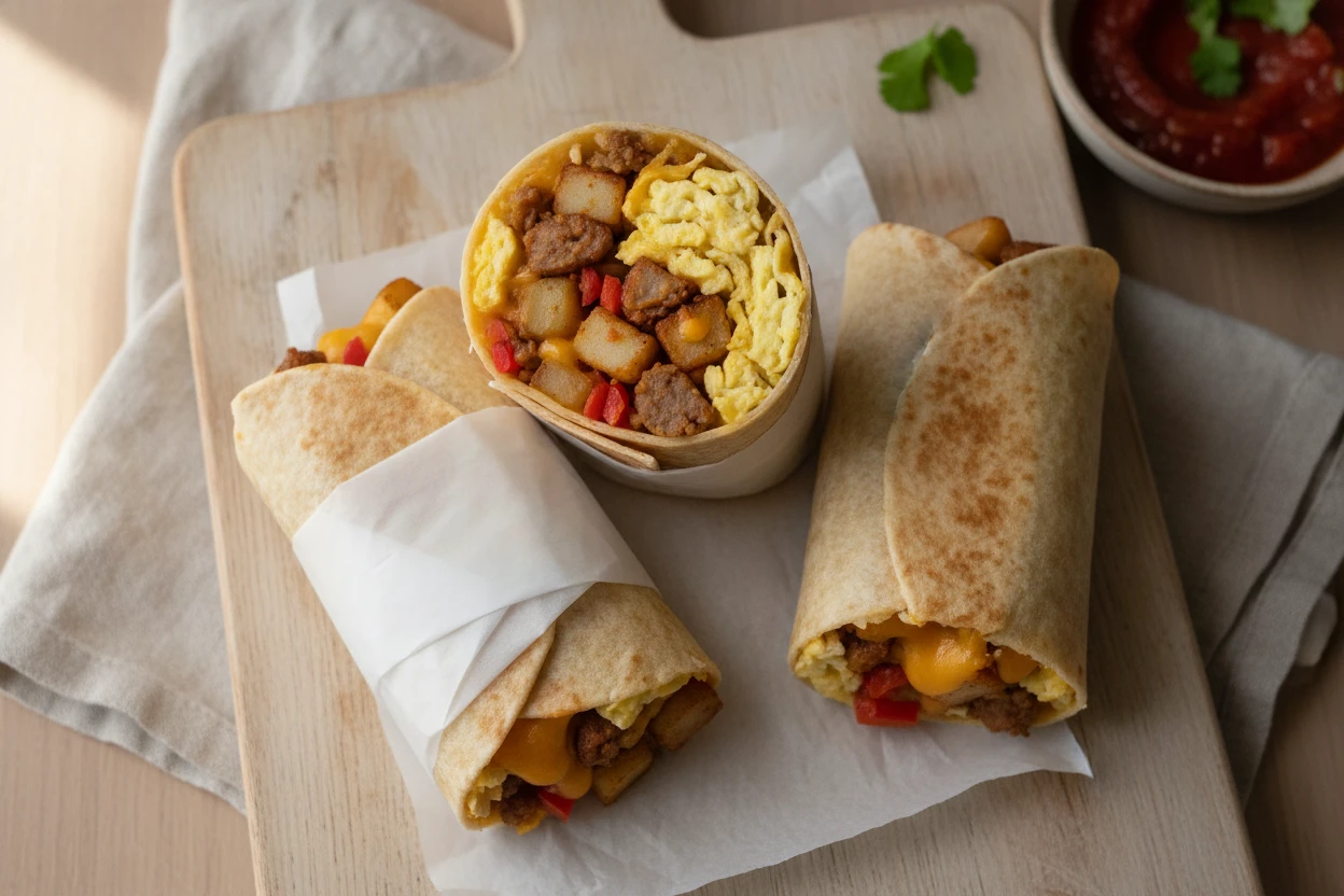 Freezer breakfast burritos on a wooden board, one cut in half showing scrambled eggs, sausage, potato, and melted cheddar