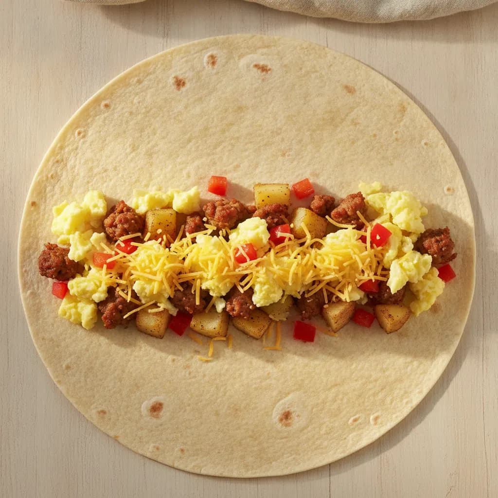 A flour tortilla topped with a line of scrambled eggs, sausage, potato, red pepper, and shredded cheddar before rolling