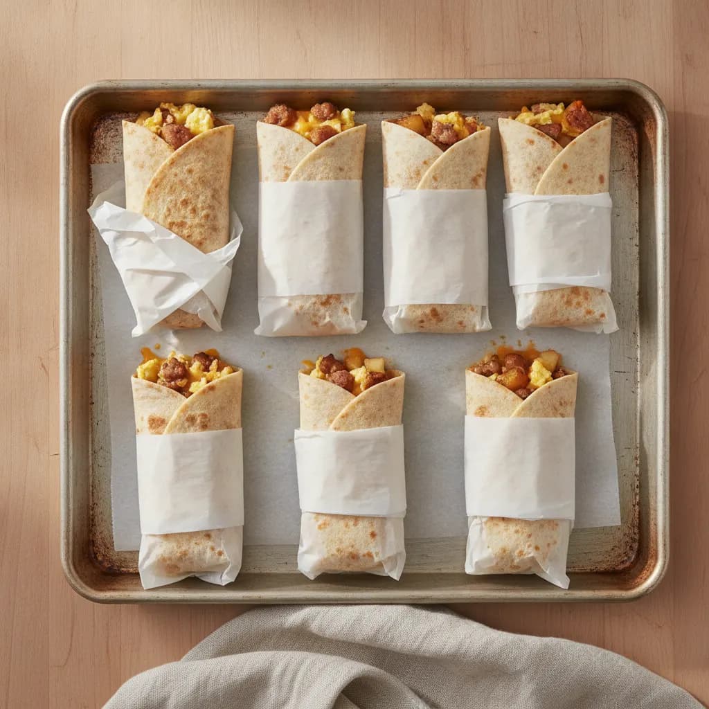 Breakfast burritos wrapped in parchment paper and lined up on a sheet pan before freezing