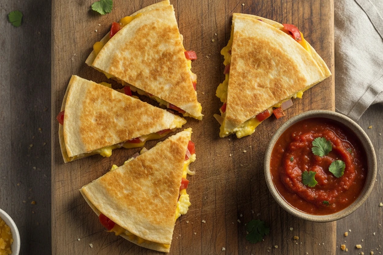 Golden air fryer breakfast quesadilla wedges with melted cheese and egg, served with salsa