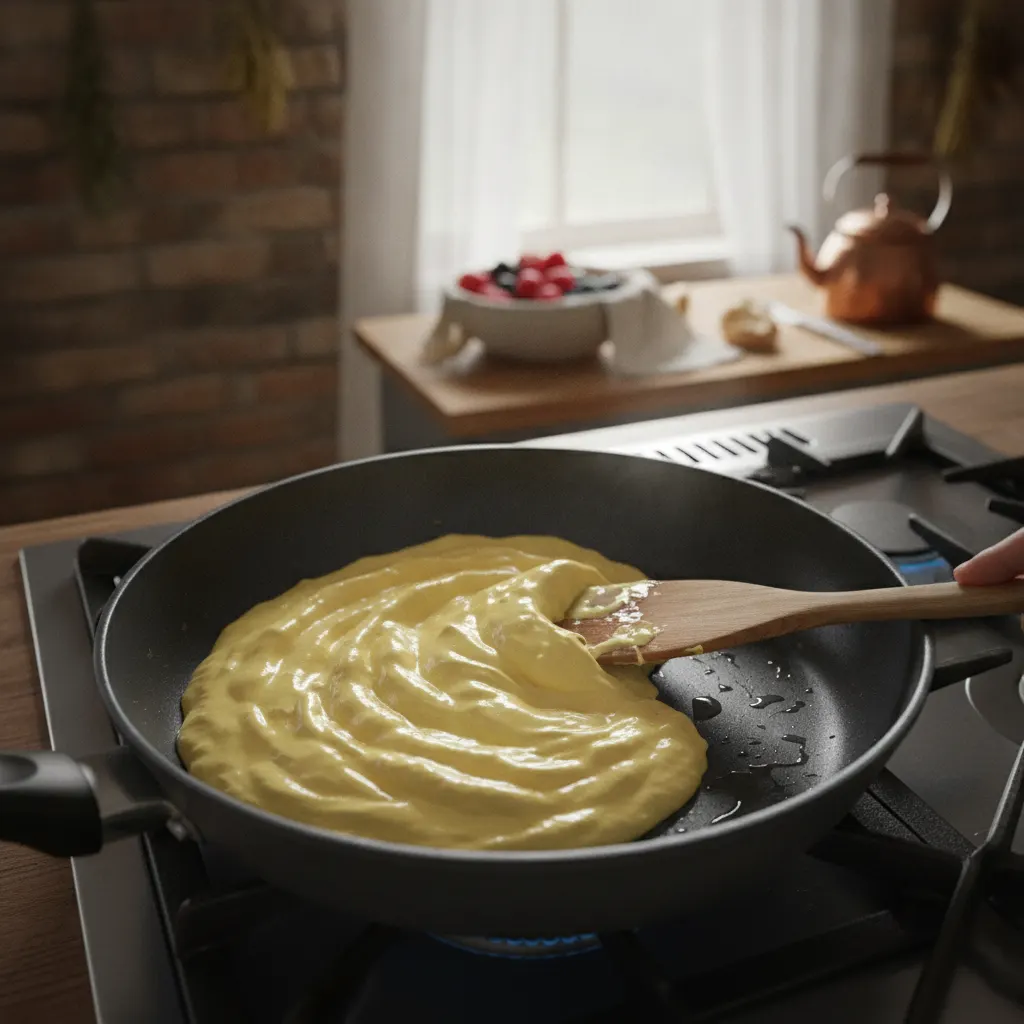 Softly scrambled eggs in a skillet, just set and still glossy