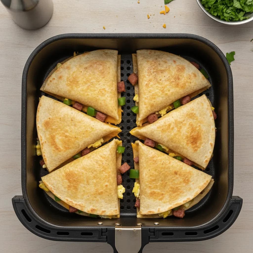 Folded breakfast quesadillas arranged in an air fryer basket before cooking