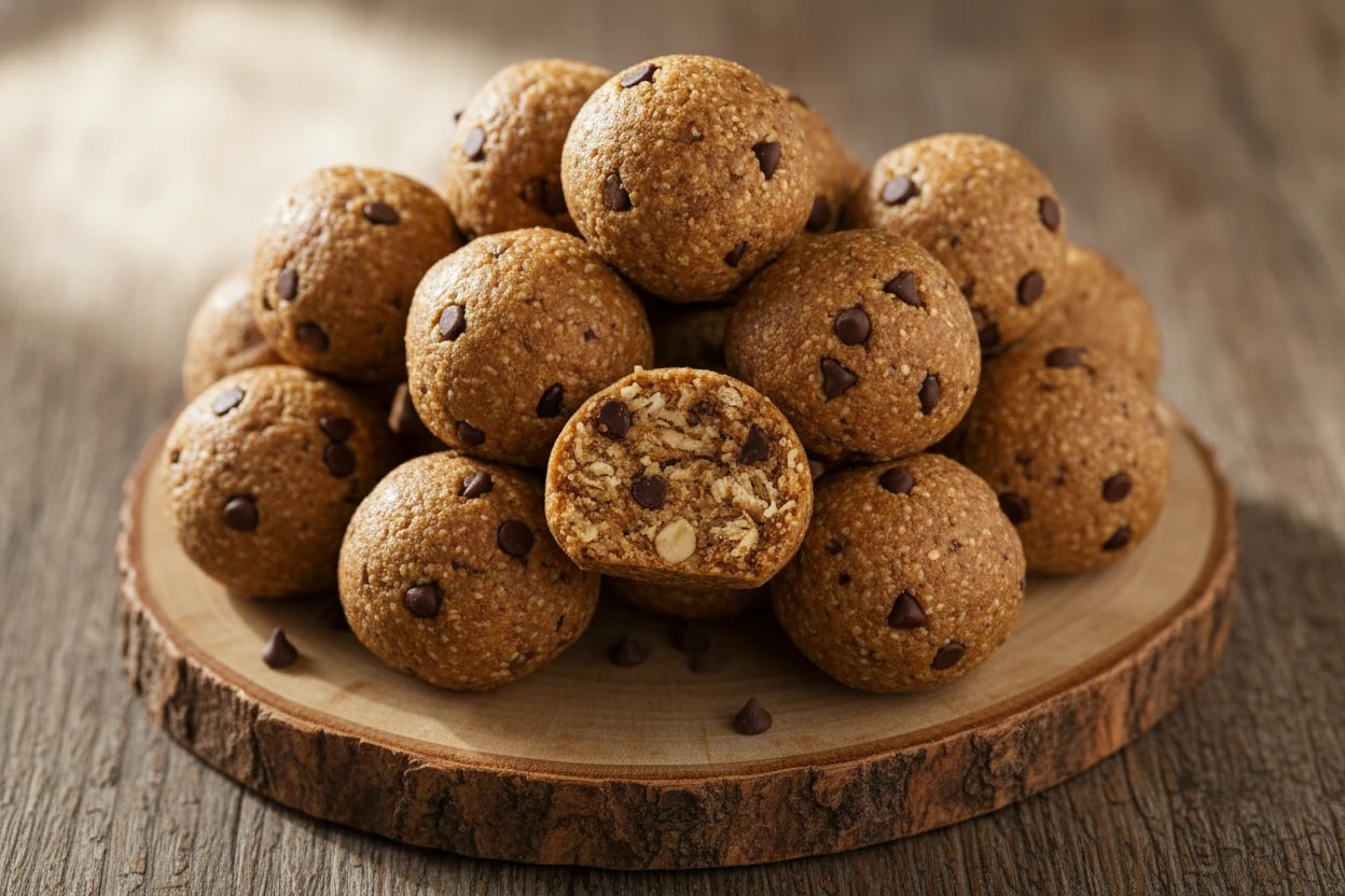 No-bake oat and peanut butter energy bites piled on a wooden board with one broken in half