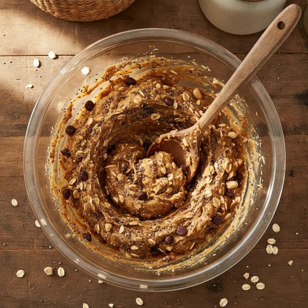 Thick oat and peanut butter mixture in a glass bowl before chilling