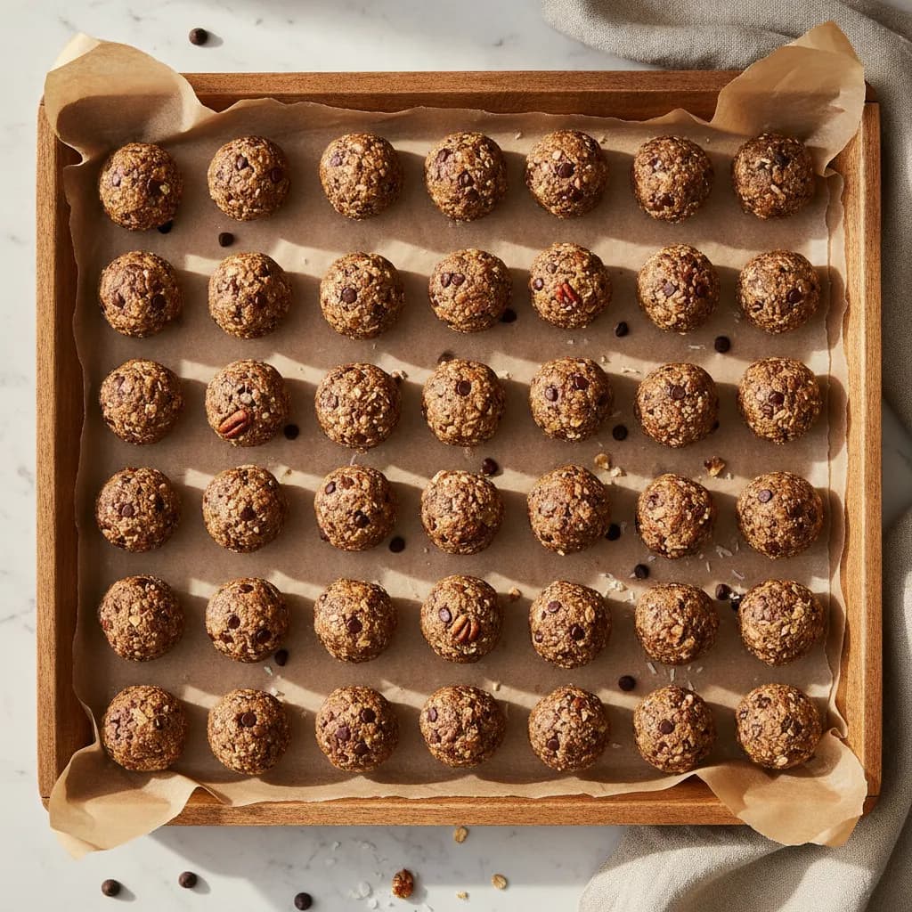 Rolled no-bake energy bites arranged on a parchment-lined tray
