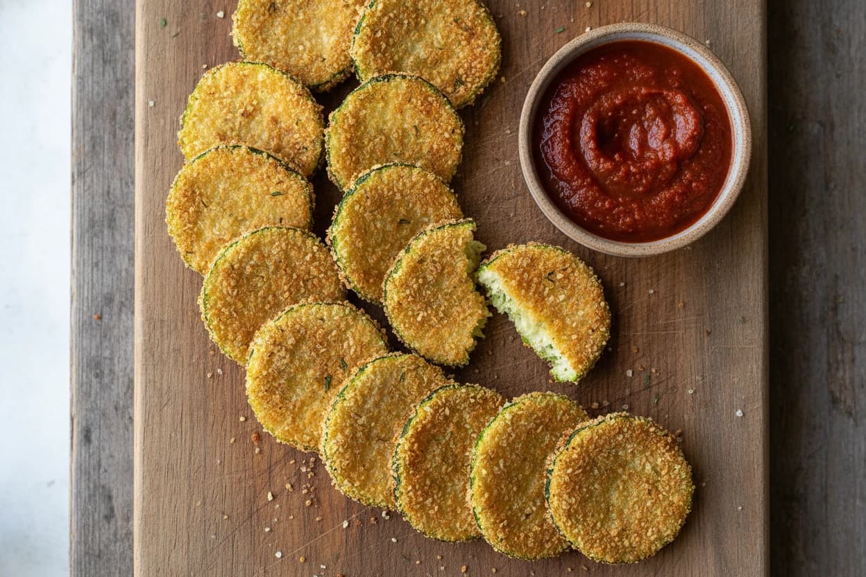 Golden crispy parmesan zucchini chips on a wooden board with a bowl of marinara dipping sauce