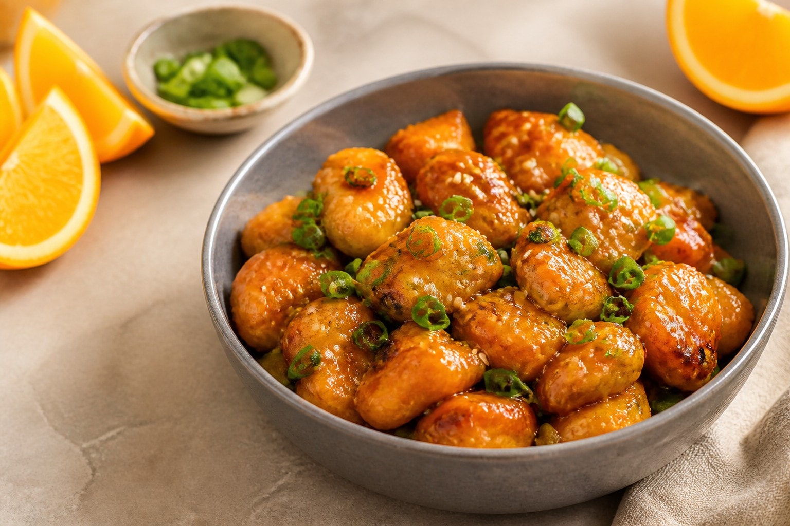 Crisp Air Fryer Orange Chicken coated in fresh orange-ginger sauce with sesame seeds and scallions.
