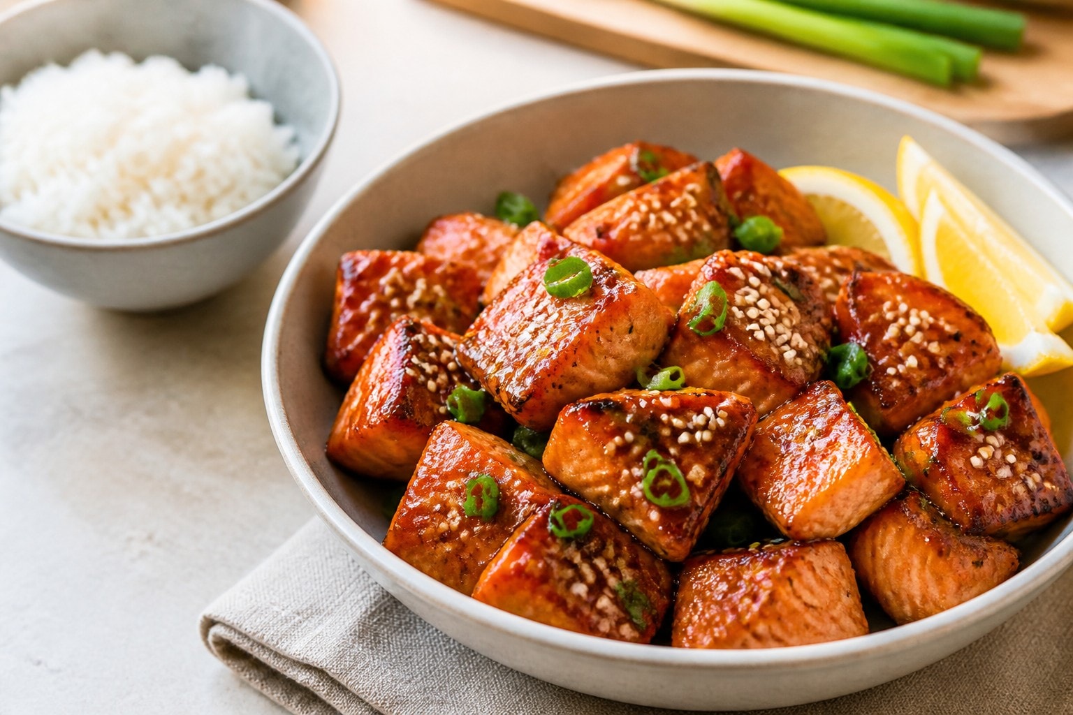 Honey garlic salmon bites with a glossy glaze, sesame seeds, and scallions.