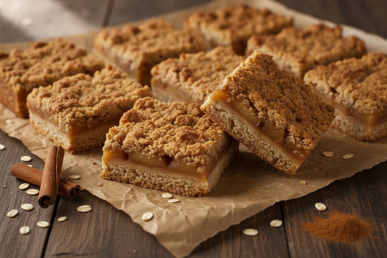 Apple cinnamon crumble bars on parchment with one tipped on its side showing the oat crust, apple filling, and golden crumble topping