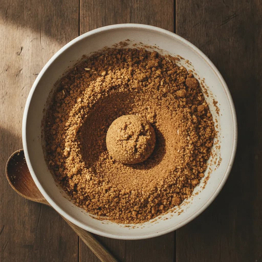 Oat and brown sugar crumble mixture in a bowl with one squeezed clump holding its shape on top