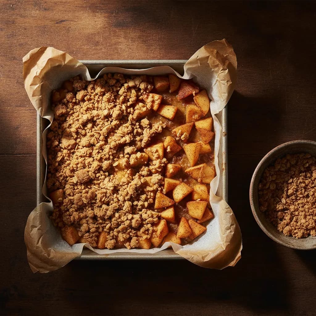 Clumps of oat crumble scattered over a layer of diced spiced apples in a parchment-lined square pan
