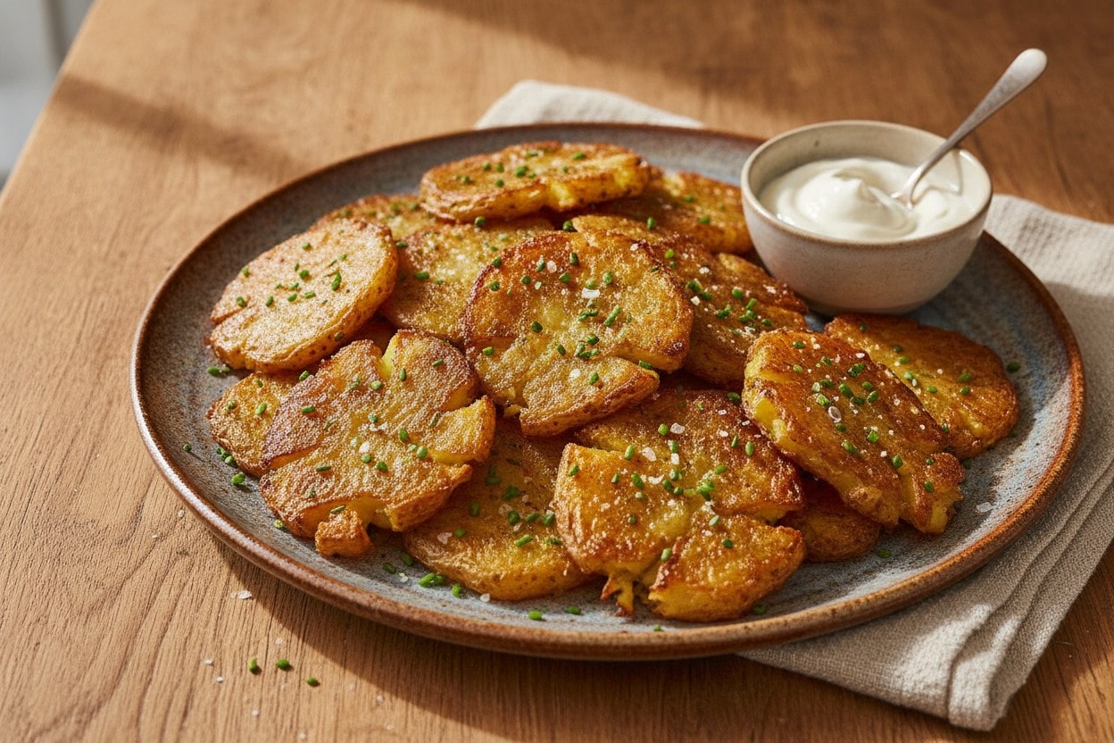 Golden air fryer smashed potatoes with crisp craggy edges, chives, and flaky salt on a ceramic plate