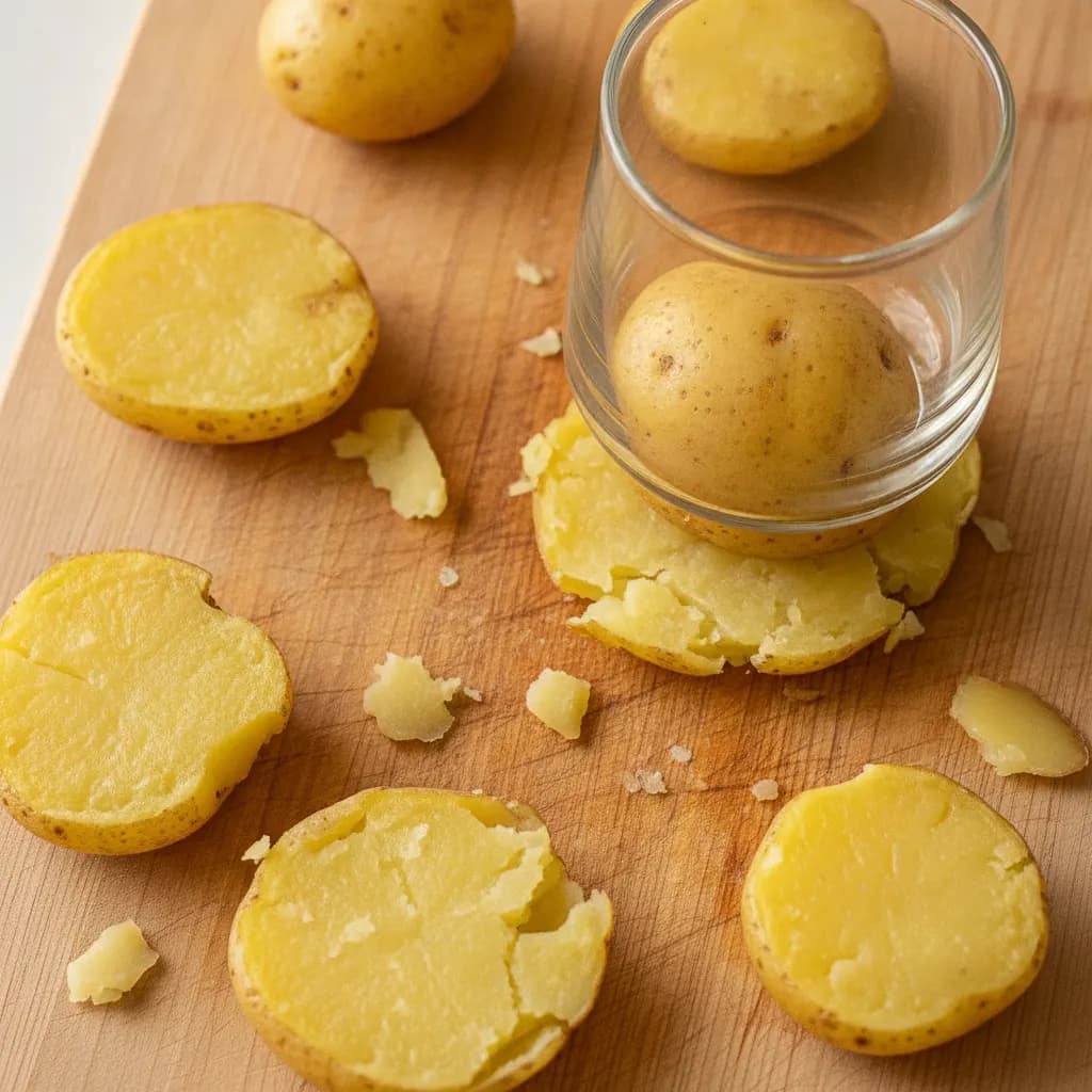 Boiled baby potatoes pressed flat with the bottom of a glass, showing cracked ragged edges