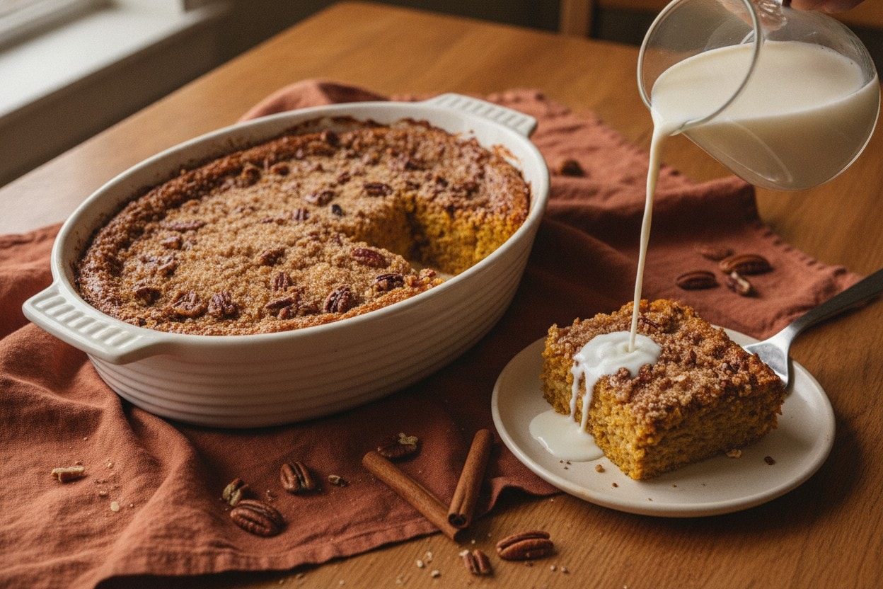 Baking dish of pumpkin baked oatmeal with a pecan crust and one square lifted out onto a plate
